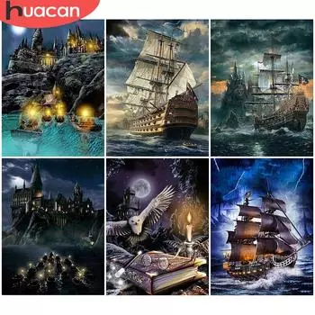 HUACAN 5D алмазная живопись замок полная квадратная алмазная вышивка пейзаж корабль мозаика картина из горного хрусталя домашний декор Full Square 20*30 cm