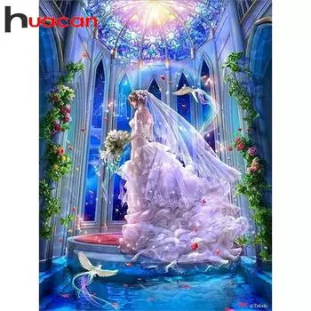 Huacan 5D DIY Алмазная картина Вышивка Свадебное платье Круглая алмазная живопись Мозаика Вышивка крестом Украшение 30*40 cm