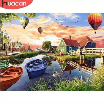 HUACAN 5D DIY алмазная живопись парусник полная квадратная алмазная вышивка пейзаж дом Алмазная мозаика воздушный шар Декор для дома Full Square 20*30 cm