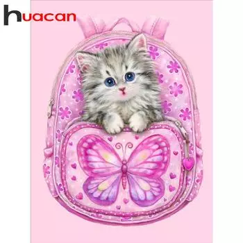 Huacan 5D DIY алмазная живопись, вышивка, мультяшное животное, кошка, круглая алмазная живопись, мозаика, вышивка крестиком, украшение 30*40 cm