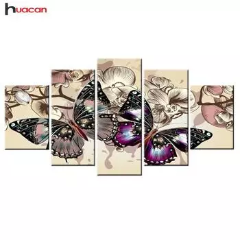 Huacan Алмазная мозаика Бабочка Комбинация нескольких картинок Полная квадратная вышивка крестиком Живопись Художественный подарок 5 шт./компл. 1525x2 1535x2 1540