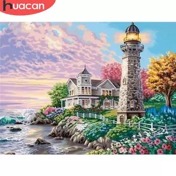 HUACAN Алмазная вышивка Пейзаж 5D DIY Алмазная картина Маяк Полный квадратный дрель Приморские стразы 20*30 cm