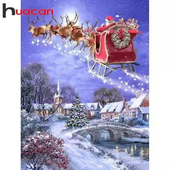 Huacan алмазная живопись Санта-лось полный квадратный / круглый бриллиант вышивка сани пейзаж лось домашний декор мозаика Рождественская распродажа Full Round 20*30 cm