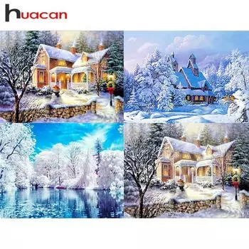 Huacan Full Drill 5D Алмазная картина Зимний пейзаж Озеро Вышивка Крестом Ремесленный комплект 30*40 cm