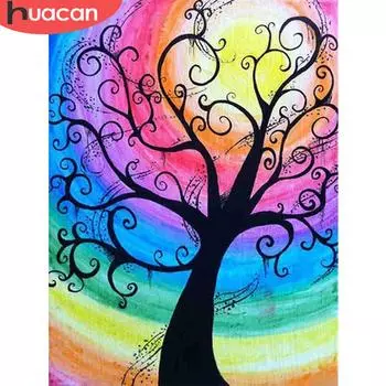 HUACAN Краска с бриллиантами Пейзаж Дерево Алмазная картина Полный круглый пейзаж Картина из горного хрусталя Мозаика Цветы 30*40 full round