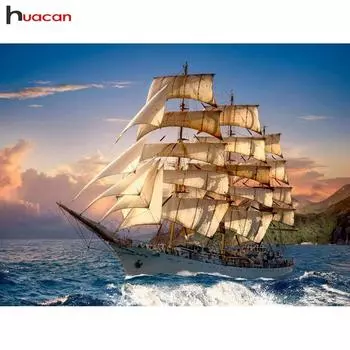 HUACAN Пейзажная краска с бриллиантами 5D Полная квадратная дрель Морское украшение Дома DIY Мозаика Парусник 20*30 cm