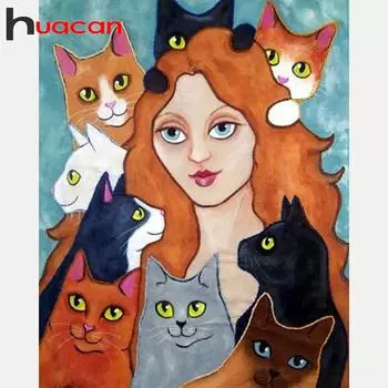 Huacan полная алмазная вышивка 5D алмазная живопись мультфильм девушка и кошка вышивка крестиком Алмазная мозаика с ромбовидным узором домашний декор наклейка Full Round 20*30 cm