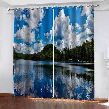 HUANZHUANG Curtains Living Room Luxury Blue Sky Lake Landscape Modern Print Drape for Kids Bedroom Set Free Delivery Shipping W70xH160cmx2&Grommet Top