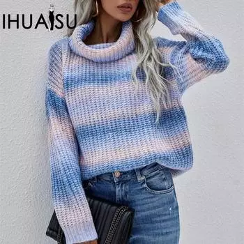 HUASU осень и зима женский полосатый трикотажный свитер-водолазка вязаный радужный джемпер S синий