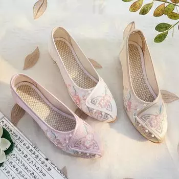 [Huayan] 2024 г. Женские туфли ручной работы в китайском стиле с жемчугом - Острый носок в стиле ретро-этнического дизайна Size 41 бежевый