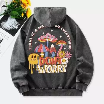Худи с грибами, женское, стиранное, с принтом Don t Worry , хлопковая одежда, длинные рукава, карман, оверсайз, зимнее, женское M