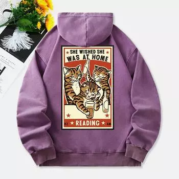 Худи с принтом кошек, женский винтажный хлопковый топ, с потертостями, карман, оверсайз, женская уличная одежда M