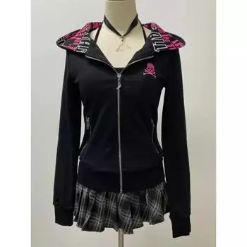 Худи Y2k в стиле панк для женщин, винтажная эстетика, гранж, толстовка на молнии, уличная одежда, облегающие топы, женские готические куртки S чёрный