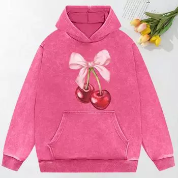 Худи женские хлопковые с принтом Bow Cherry Art, выстиранные, одежда для творчества, хип-хоп мода, оверсайз M