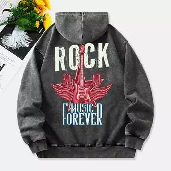 Худи женское из хлопка с принтом гитары Rock Music Forever, выстиранное, пуловер, удобное, с карманом, оверсайз M