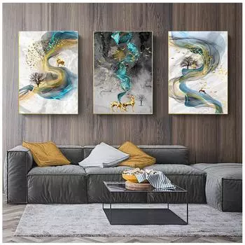 Художественная абстрактная картина на холсте с золотым оленем, большой размер, постер, синий принт, Золотая Настенная картина для гостиной, Cuadros 21x30cm No Frame