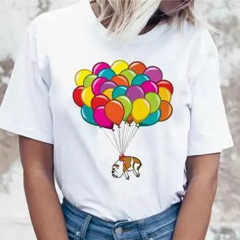 Художественная футболка с изображением воздушного шара бульдога, графические футболки, женская забавная футболка Harajuku, футболка, одежда для корейцев L белый
