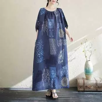 Художественная хлопково-льняная юбка макси с принтом и свободными складками One size синий