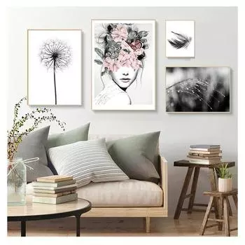 Художественная картина на холсте, постеры на скандинавскую тему и принты, черно-белые настенные панно для декора гостиной, тростниковый одуванчик, перо, девушка на стене 21cm30cm NoFrame