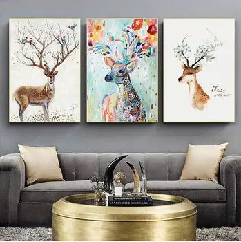 Художественная картина на холсте, скандинавские животные, олени, деревья и цветы, картина с принтом и постеры, граффити, искусство для детей, декор для детской комнаты, безрамное 21*30cm