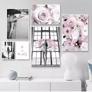 Художественная картина на холсте, современный декор для гостиной, розовая роза с изображением крыла ангела, скандинавская мода, скандинавский принт, настенная картина 21cm30cm NoFrame