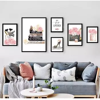 Художественная картина Салон красоты для девочек, украшение комнаты, макияж, модный плакат с принтом, сумка для духов, леопардовая обувь, модная картина на холсте 21cm30cm NoFrame