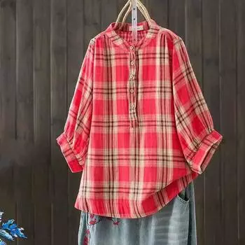 Художественная клетчатая блузка с рукавами «летучая мышь», двухслойная хлопковая пряжа, рубашка со средним рукавом для женщин, рубашка из мягкого хлопка с рукавом пять четвертей One Size