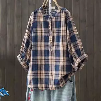 Художественная клетчатая блузка с рукавами «летучая мышь», двухслойная хлопковая пряжа, рубашка со средним рукавом для женщин, рубашка из мягкого хлопка с рукавом пять четвертей One Size