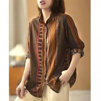 Художественная ретро-блузка свободного покроя с принтом, утягивающая рубашка из хлопка и льна с длинными рукавами для женщин, осенняя базовая рубашка M