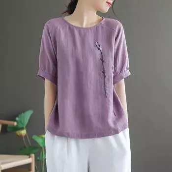 Художественная ретро-цветочная вышивка, хлопковая льняная футболка с круглым вырезом и короткими рукавами для женщин, летняя футболка больших размеров, свободный универсальный топ для женщин M фиолетовый