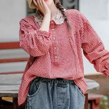 Художественная ретро повседневная свободная рубашка с кружевом крючком и цветочным лацканом в стиле пэчворк из хлопка и льна в клетку женская рубашка с длинными рукавами One Size красный