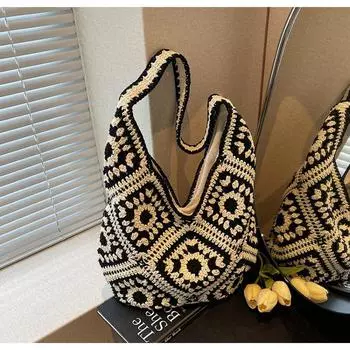 Художественная ретро работа в процессе плетеная сумка женская досуговая полая сумка через плечо приморский отпуск пляжная сумка чёрный