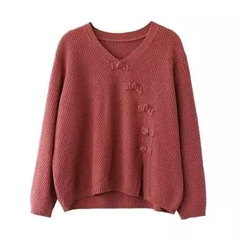 Художественная ретро-вязаная рубашка с весенним наклонным воротником и пряжкой. Базовая рубашка для женщин. M красный