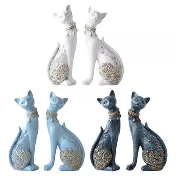 Художественная Скульптура Статуя Modren Простой Дизайн Пара Фигурка Кошки Геометрический Декор Животных для Дома Подарки Сувениры Подарочная Коробка Смола белый