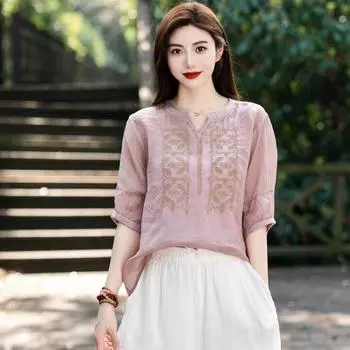 Художественная тяжелая промышленность вышивка V-образный вырез вышитая однотонная рубашка из хлопка и пеньки солнцезащитная маленькая рубашка летний образ тонкие рубашки с пятью рукавами M розовый