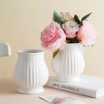 Художественная ваза Керамическая Белая Полосатая Цветочная Композиция Для Гостиной Продвинутое Ощущение Маленькие Сухоцветы Украшение Дома