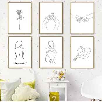 Художественная желтая настенная картина для девочек, домашний декор для спальни, одиночная абстрактная женская линия рисунка, скандинавский плакат и принты, современная картина на холсте 21cm30cm NoFrame