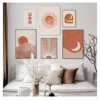 Художественная живопись Луна и Солнце Печать на холсте Плакаты и принты середины века Гостиная Бохо Домашний декор Абстрактный постер Пейзаж Стена 21cm30cm NoFrame