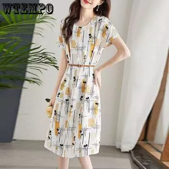 Художественное платье миди с принтом граффити, женское летнее нишевое платье с темпераментной талией, тонким шифоновым платьем с круглым вырезом и короткими рукавами XXXL