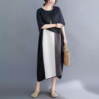 Художественное свободное сращивание цветных блоков больших размеров женские длинные платья летнее свободное хлопковое льняное платье L