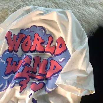 Художественные футболки с буквенным принтом для женщин, летние корейские свободные дизайнерские блузки для девочек, топы большого размера с короткими рукавами для пары M бежевый