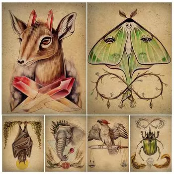 Художественные плакаты с жуками, пауками, слонами, летучими мышами, мотыльками, загадочными животными и печатные волшебные биологические холсты для украшения дома 21cm30cm NoFrame