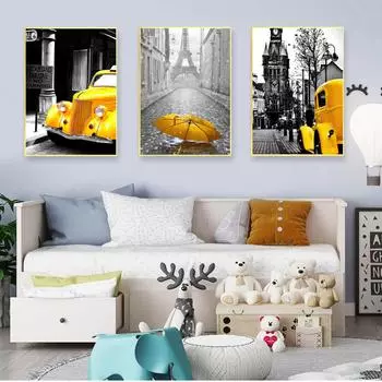 Художественные желтые автомобильные воздушные шары, постеры и принты для спальни, скандинавская картина на холсте, Ретро Европейский городской пейзаж, картина для домашнего декора, стены 21cm30cm NoFrame