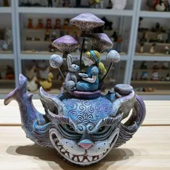 Художественный чайник ручной работы с котом, кот-дьявол, креативный домашний декор для рабочего стола, поделки из смолы в виде кошки, рыбы и птицы, украшение для сада