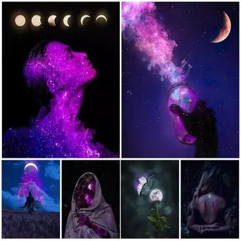 Художественный плакат «Колдовство и магия Луны» с изображением на стене загадочных элементов в виде скелетов, змей и бабочек 21cm30cm NoFrame