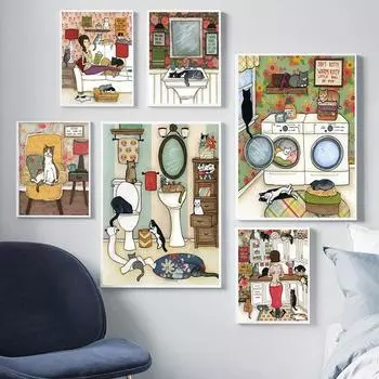 Художественный постер, винтажный забавный женский постер с черными кошками, абстрактная живопись Anvas, скандинавский цвет, художественный принт, настенная картина для стирки без рамки 21*30cm