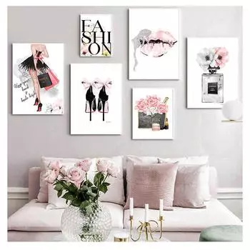 Художественный принт на холсте, сексуальные картины для губ, постеры на высоких каблуках, розовый цветок, настенные панно, домашний декор, модный постер, женский парфюм, макияж 21cm30cm NoFrame