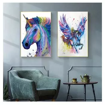 Художественный принт, живопись, плакат, настенные панно для комнаты, дома, декоративный декор для спальни, без рамки, красочный Единорог, акварель, холст, без рамки 21*30cm