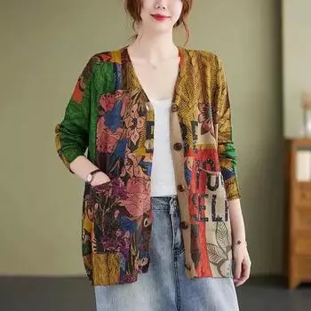 Художественный ретро цветочный принт кардиганы V-образный вырез имитация меха норки вязаный свитер для женщин зимнее свободное стильное базовое пальто модная верхняя одежда L