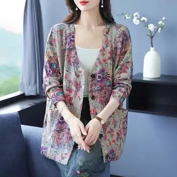 Художественный ретро цветочный принт кардиганы V-образный вырез имитация меха норки вязаный свитер для женщин зимнее свободное стильное базовое пальто модная верхняя одежда L